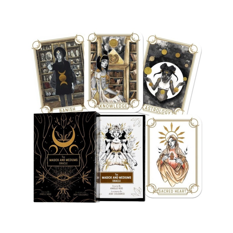 An oracle deck set is surrounded by four cards: Banish, Knowledge, Astrology and Sacred Heart. They show a Witch putting her hand out, an Egyptian Goddess in the Akashic library, a girl juggling planets and a representation of the Sacred Heart