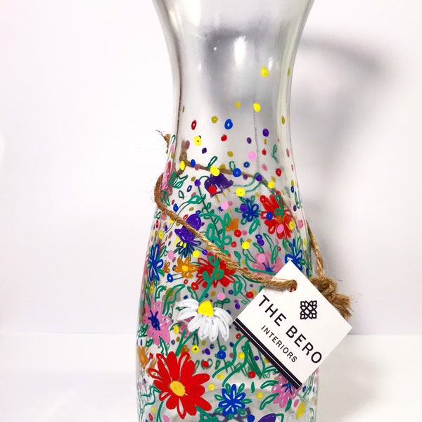 Hand Painted Floral Vase | Glass Vase, Glass Carafe, Vase for Flowers, Wine Gift, Gift Ideas, Home Decor, Colourful Decor, B&B Decor