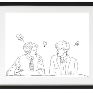 May include: Line drawing of two people sitting at a table, looking at each other. They are both wearing school uniforms. There are small leaf drawings in the background.