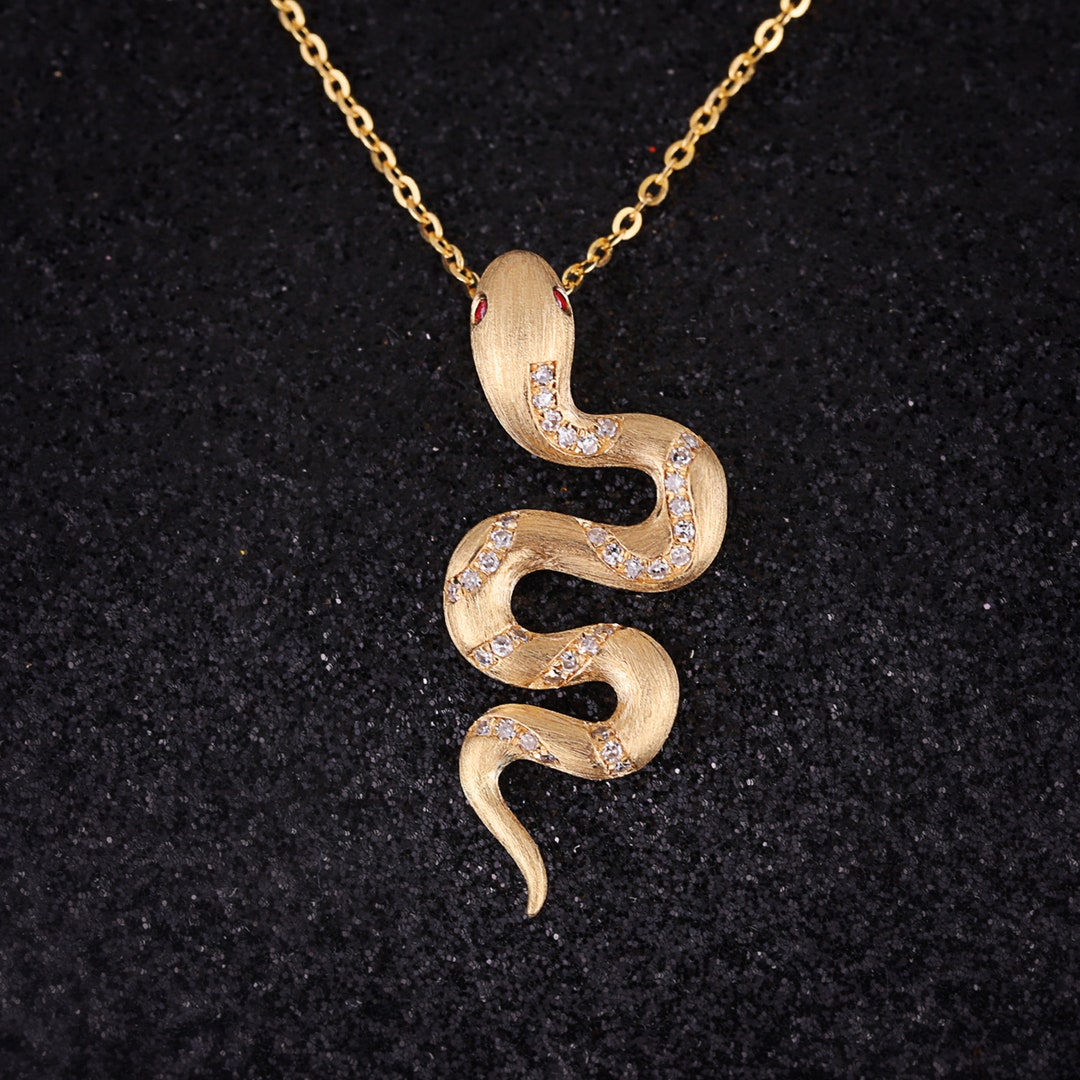 Solid Gold Snake Pendant, Natural Ruby Eyes, Good Luck Serpent Amulet