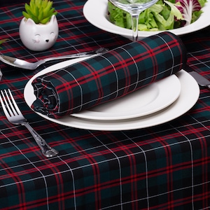 Puede incluir: Un mantel de cuadros verdes, rojos y blancos con una servilleta enrollada, dos pequeñas plantas en maceta y un plato blanco con ensalada.