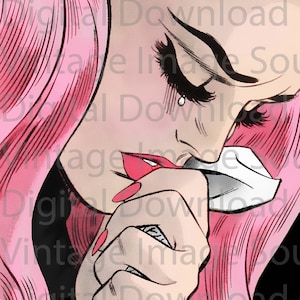 DIGITAL DOWNLOAD Vintage Comic Romance Love Pop Art 1960s Sad Crying Girl Retro Kitschy Pink Hair Aesthetic Pastel Goth