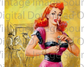 Digital Download PRINTABLE Vintage 1950s Pulp Redhead Pin-up Bad Girl Woman Illustration MCM Mid Century Retro Kitschy Art