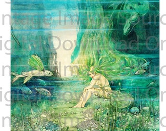 Digital Download PRINTABLE Mermaid with Green Hair Illustration Underwater Art Mythic Myth Little Mermaid Fish Ocean