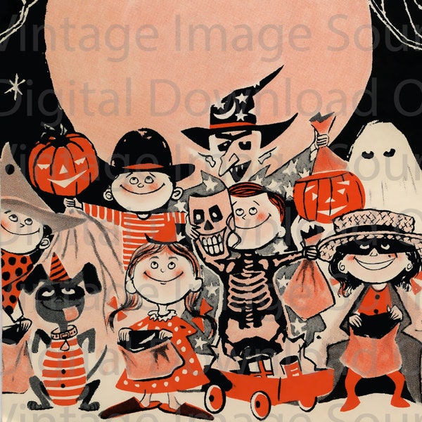 Digital Download PRINTABLE Vintage 1950s Halloween Card Illustration Black Cat Pumpkin Jack O Lantern Horror Holiday Card MCM Retro Kitschy