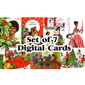 DIGITALER DOWNLOAD - Druckbares Set mit 7 Weihnachtskarten 1950er Jahre Vintage Weihnachtskarten African American Menschen Familie Black Woman Retro MCM Card Pack Collection
