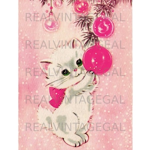 Téléchargement numérique imprimable vintage des années 1950 rose sapin de Noël chaton chat carte MCM carte kitsch rétro milieu du siècle Kitty