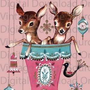 Digital Download 1950s Vintage Christmas Deer in Stocking Kitschy Pink Retro Reindeer Mid Century Card Reindeer MCM Mid Century Card