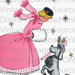 Digital Download PRINTABLE 1950s Vintage Christmas Card Woman and her Poodle Pink Pastel Dress Kitschy MCM Mid Century Card