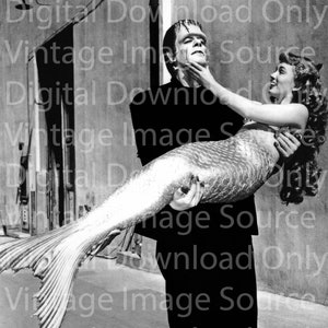 Digital Download PRINTABLE Frankenstein Monster Mermaid Digital Image Vintage Horror Retro 1950s Weird Odd Old Hollywood Valentine Halloween