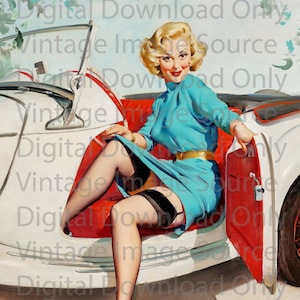DIGITAL DOWNLOAD Elvgren Vintage Pin-up Illustration Car Convertible Roadster 1950s Retro Boudoir Kitschy Pinup Girl Art