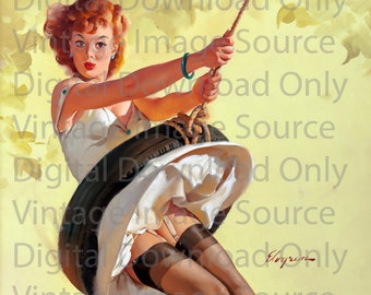 DIGITAL DOWNLOAD Elvgren Vintage Pin-up Illustration on Swing 1950s Retro Boudoir Kitschy Pinup Girl Art