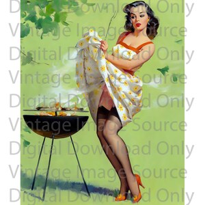 DIGITAL DOWNLOAD Printable Elvgren Vintage Pin-up Illustration BBQ Food 1950s Retro Boudoir Kitschy Pinup Girl Art