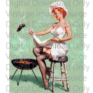 DIGITAL DOWNLOAD Printable Elvgren BBQ Food Redhead Vintage Pin-up Illustration 1950s Retro Boudoir Kitschy Pinup Girl Art
