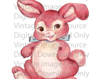 Tarjeta retro de mediados de siglo, descarga digital PNG imprimible de conejito de Pascua vintage de los años 50, kitsch, linda, rosa, estilo MCM.
