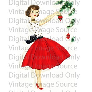 Digital Download PRINTABLE 1950s Vintage Christmas Lady Hanging Ornaments on Tree Retro MCM Mid Century Card