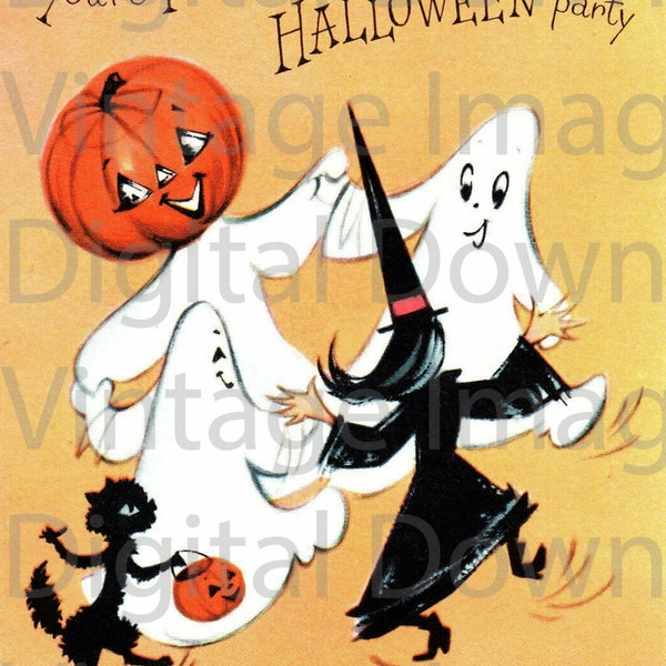 Digital Download Vintage 1950s Halloween Card Illustration Black Cat Witch Dancing Pumpkin Jack O Lantern Horror Holiday MCM Retro Kitschy 