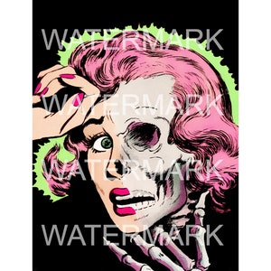 DIGITAL DOWNLOAD Vintage 1950s Horror Comic Illustration Pink Hair Skeleton Woman Skull Pastel Goth Gothic