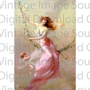 DIGITALE DOWNLOAD The Swing van Edouard Bisson Kunstgeschiedenis Franse prerafaëlieten mooie vrouw mythisch mythologische engel roze pastel