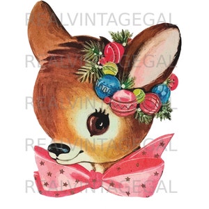 TÉLÉCHARGEMENT NUMÉRIQUE - années 1950 png Cerf de Noël vintage mignon noeud kitsch rose fauve rétro carte du milieu du siècle renne MCM carte du milieu du siècle