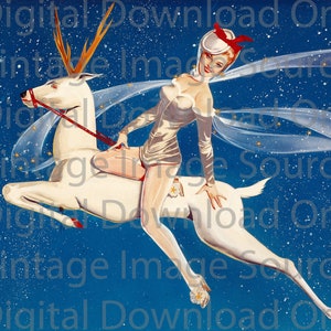 Digital Download PRINTABLE 1940s Vintage Christmas Pinup Girl on Reindeer Card Deer MCM Mid Century Retro Kitschy Card