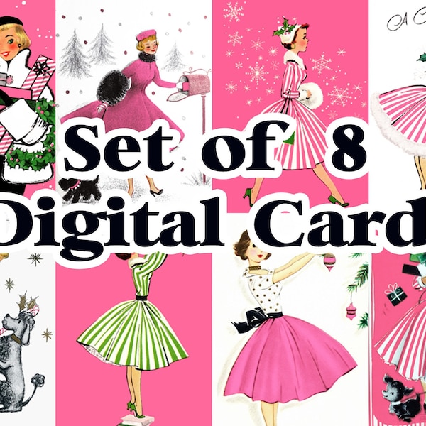 DIGITAL DOWNLOAD- 8 Pack 1950s Vintage Christmas Cards Women Pink Pastel Woman Lady Girl Holiday MCM Retro Kitschy Set Collection
