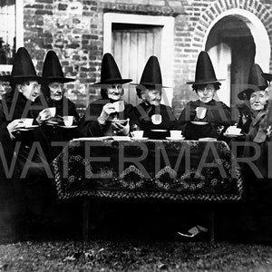 Digital Download PRINTABLE Vintage 1900s Witches having Tea Weird Halloween Holiday Retro Kitschy Photo Witch Creepy Costume