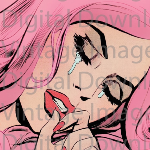DIGITAL DOWNLOAD Vintage Comic Romance Love Pop Art 1960s Sad Crying Girl Retro Kitschy Pink Hair Aesthetic Pastel Goth