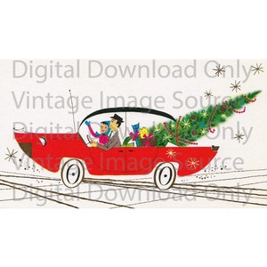 Tarjeta navideña vintage de los años 50 para imprimir, descarga digital, pareja en coche, tarjeta navideña retro de mediados de siglo MCM, árbol