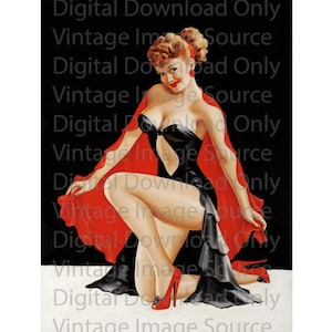 Digital Download Vintage 1950s Showgirl Gothic Goth Pinup Pin-up Girl Burlesque Illustration MCM Mid Century Retro Kitschy Art