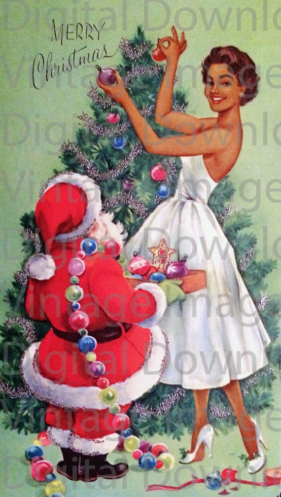 Digital Download 1950s Vintage Christmas Card African American Family Decorating a Christmas Tree Retro MCM Mid Century Card