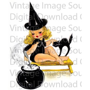 Digital Download PRINTABLE Vintage 1950s Halloween Card Blonde Witch Girl Cute Illustration Black Cat Horror Holiday Card MCM Retro Kitschy 