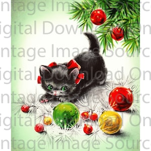 Digital Download PRINTABLE 1950s Vintage Christmas Card Cat Kitten Kitschy Retro MCM Mid Century Card Kitty