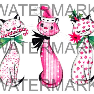 Digital Download PRINTABLE 1950s Vintage Christmas Card Cats Kittens Santa Hats Kitschy Retro Pink MCM Mid Century Card Kitty