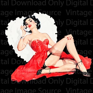 DIGITAL DOWNLOAD Printable Valentine Red Heart Vintage Pin-up Illustration 1950s Retro Boudoir Kitschy Pinup Girl Valentine&#39;s Day Art