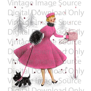 Digital Download PRINTABLE 1950s Vintage Christmas Card Woman and her Dog Pink Pastel Dress Kitschy MCM Mid Century Card