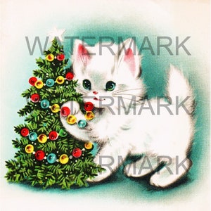 Digital Download DRUCKBARE 1950er Jahre Vintage Weihnachtsbaum Kätzchen Katze Karte MCM Mid Century Retro Kitsch Karte Kitty
