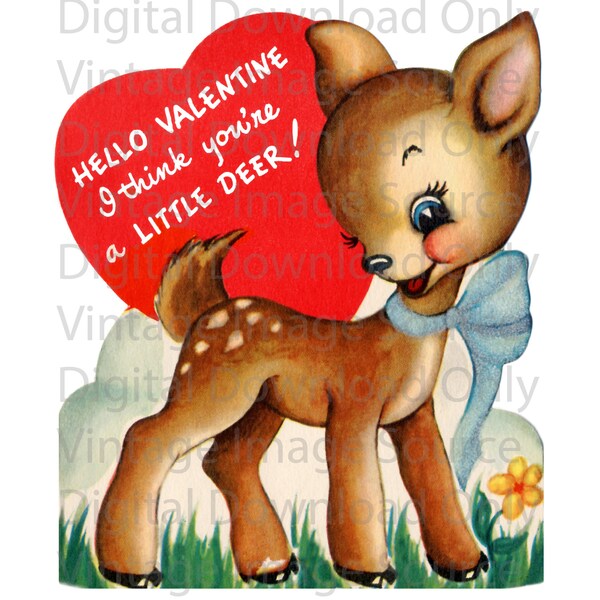 Digital Download PRINTABLE Vintage Valentine Cute Baby Deer Fawn 1950s Card Reindeer MCM Mid Century Retro Kitschy Valentine's Day
