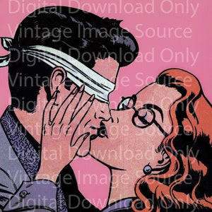 Digital Download PRINTABLE Vintage Comic Romance Love Pop Art 1950s Sad Girl Valentine Retro Kitschy Blindfold Aesthetic Pastel