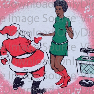 Digital Download PRINTABLE 1960s Vintage Christmas Card African American Woman Dancing with Santa Kitschy Retro Pink MCM Mid Century Card