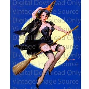 Digital Download PRINTABLE Vintage 1950s Halloween Elvgren Witch Pin-up Illustration Horror Pinup Girl Moon Holiday Card MCM Retro Kitschy 