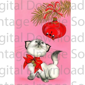 Digital Download PRINTABLE 1950s Vintage Christmas Tree Ornament Card Cat Kitten Cute Retro Pink MCM Mid Century Card Kitty