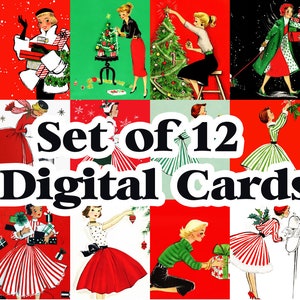 DOWNLOAD DIGITALE - Confezione da 12 biglietti di Natale vintage stampabili anni '50 Donna Donna Rossa e Verde Signora Ragazza MCM Collezione di set retrò kitsch
