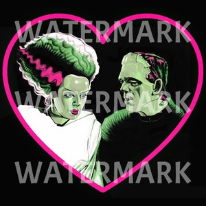 DIGITAL DOWNLOAD- Bride of Frankenstein Monster Couple Love Illustration Vintage Horror Retro Heart Weird Gothic Halloween Elsa Lanchester