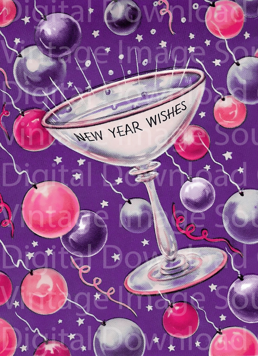 Digital Download 1950s Vintage Purple Champagne Glass Happy New Year ...