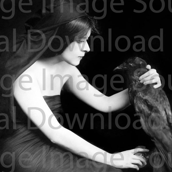 DIGITAL DOWNLOAD- Theda Bara Raven Photo Vintage Horror Retro 1910s Weird Gothic Old Hollywood Halloween Witch Crow Bird Woman