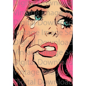 DIGITAL DOWNLOAD Vintage Comic Romance Love Pop Art 1960s Sad Crying Girl Retro Kitschy Pink Hair Aesthetic Pastel Goth