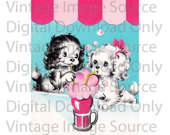 Digital Download PRINTABLE Vintage 1950s Pink Pastel Dog Cute Love Romance Card MCM Mid Century Retro Kitschy Valentine&#39;s Day Kitschy