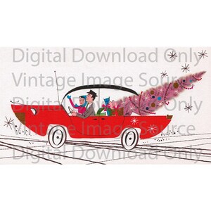 Digital Download PRINTABLE 1950s Vintage Christmas Card Couple in Car Holiday Retro MCM Mid Century Card Pink Tree Pastel