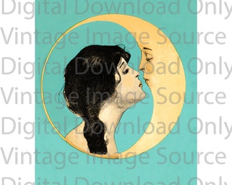 Digital Download PRINTABLE Vintage 1920s Illustration Woman Kissing Moon Retro Kitschy Art Nouveau Art Deco